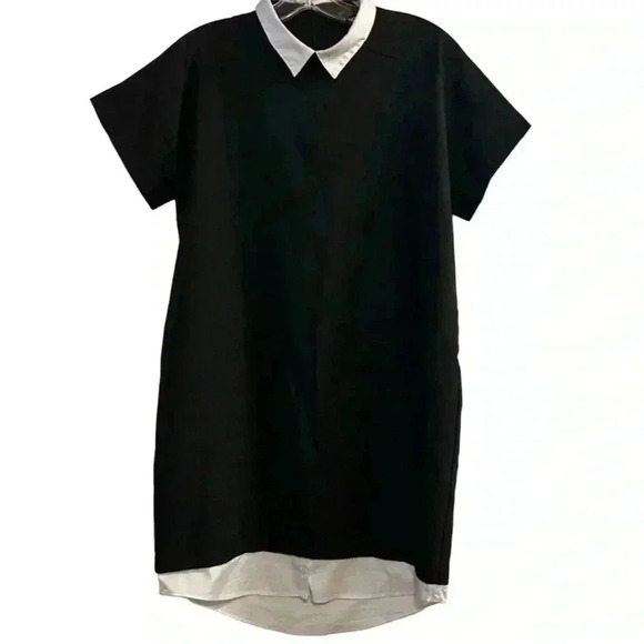 Zara Black Shirt Dress with White Peter Pan Collar Size S Short Sleeve - Picture 1 of 6